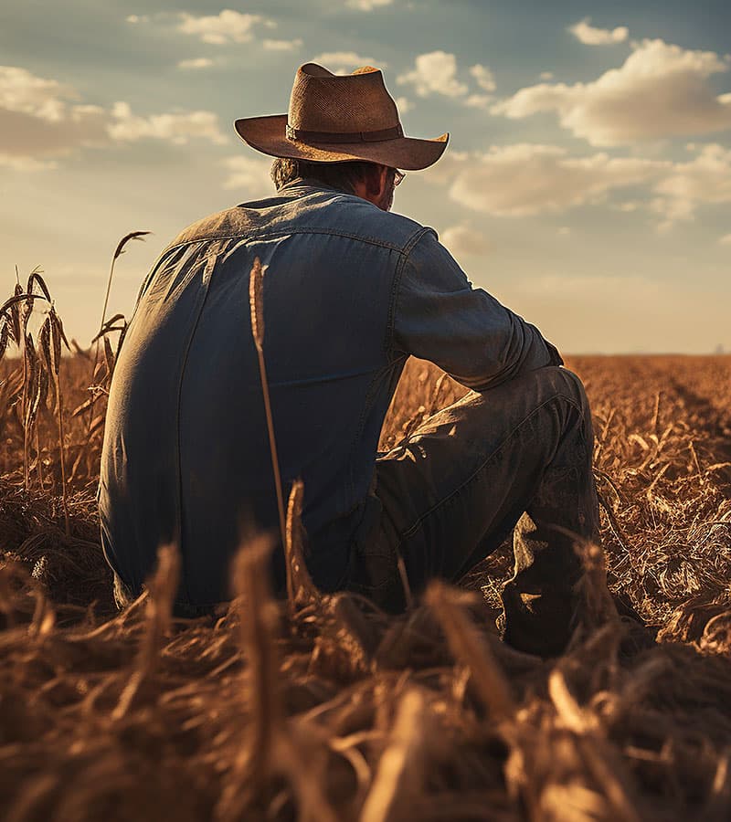 Farmer sitting in his crop field looking out with tractor in the background